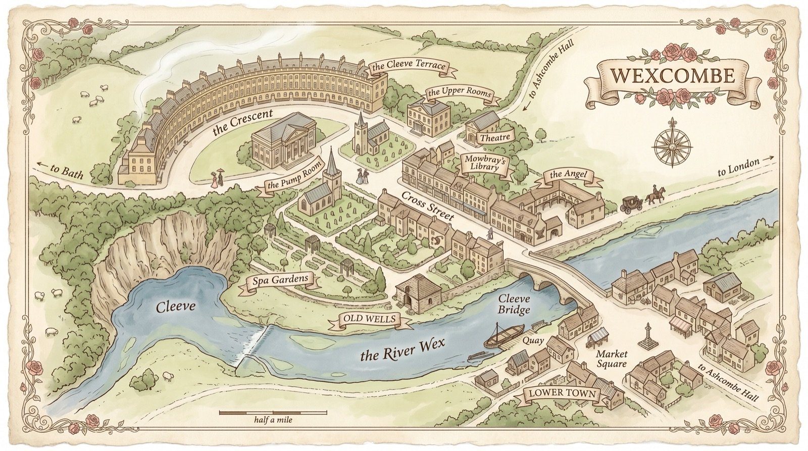 An illustrated map of the spa town of Wexcombe, showing the Crescent, the Pump Room, the Upper Rooms, Cross Street, the River Wex, Cleeve Bridge, and the Cleeve